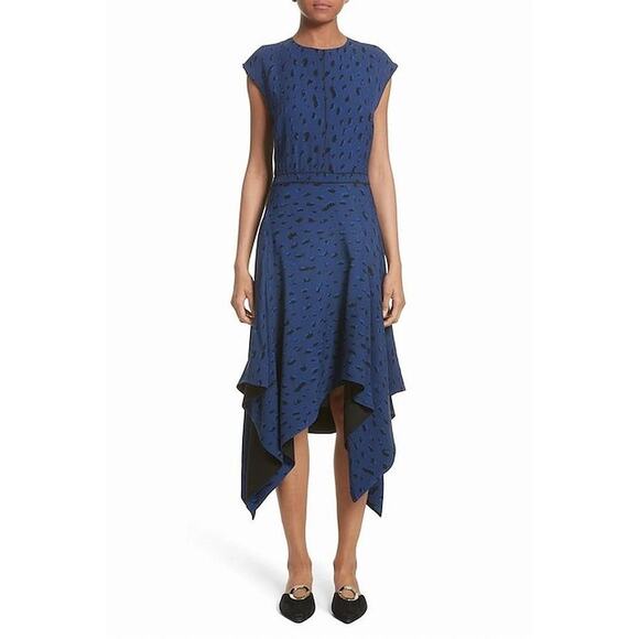 Proenza Schouler Asymmetric Blue Black Animal Print Dress Cap Sleeves Silk SZ 6 - Picture 1 of 7